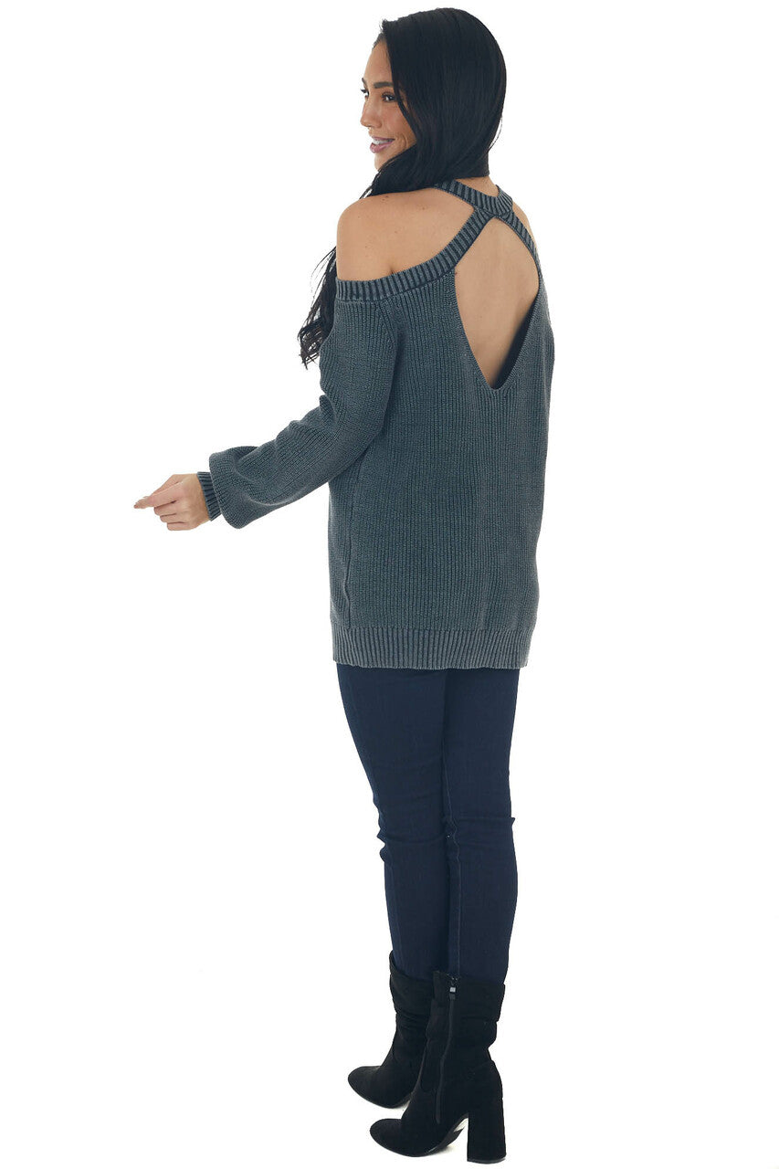 Charcoal Mineral Washed Cold Shoulder Sweater 