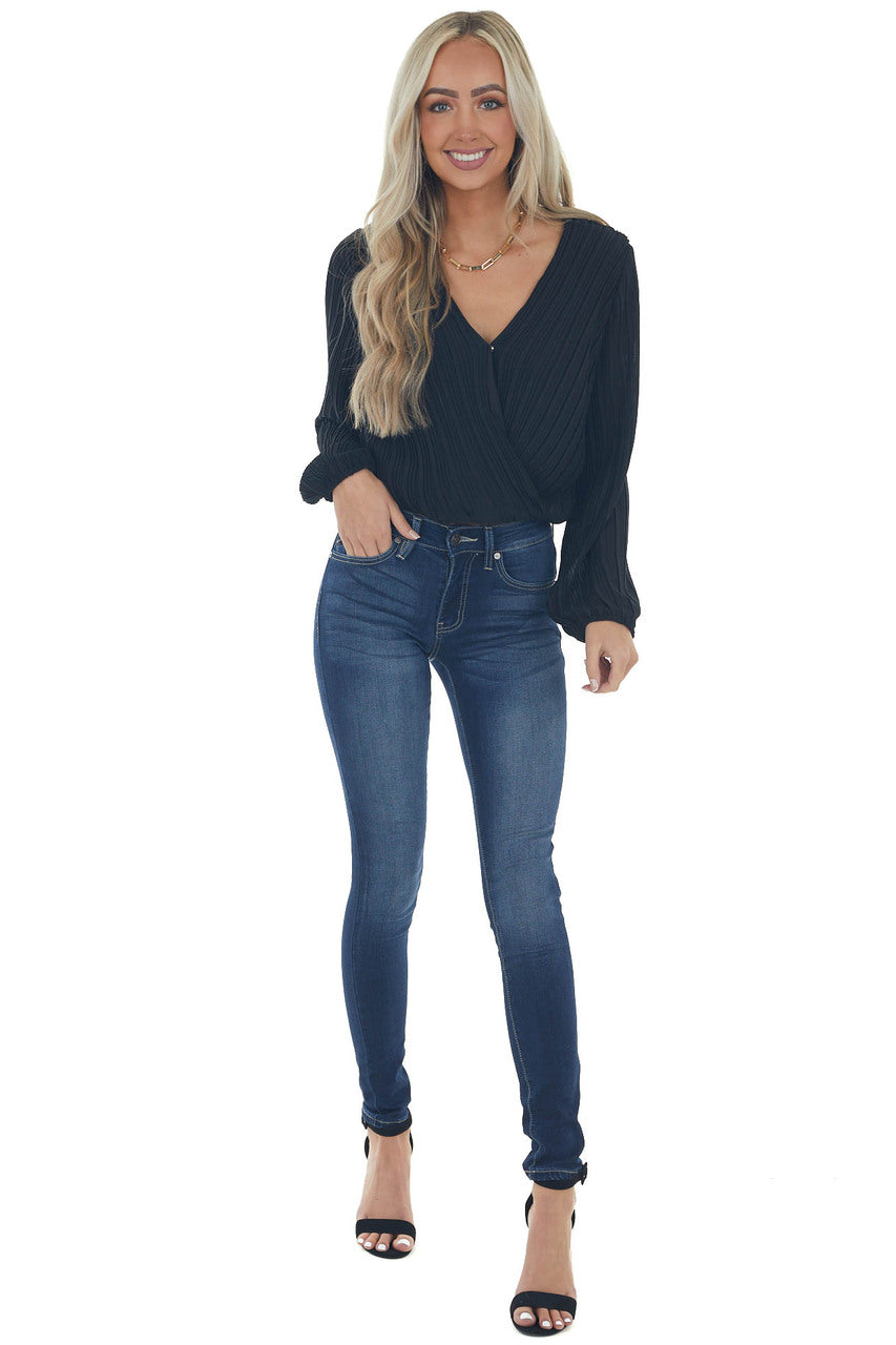 Black Surplice Long Sleeve Pleated Blouse
