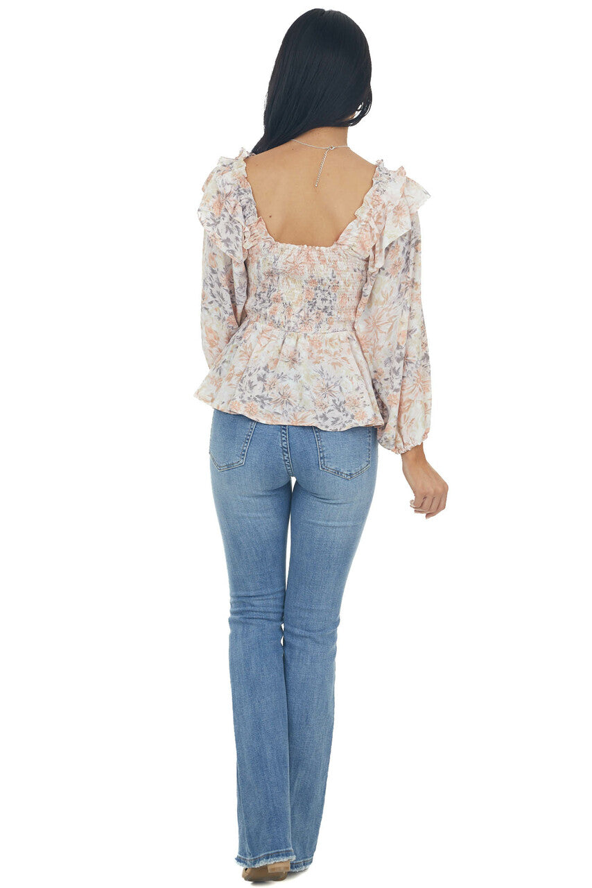 Apricot Floral Long Sleeve Smocked Blouse