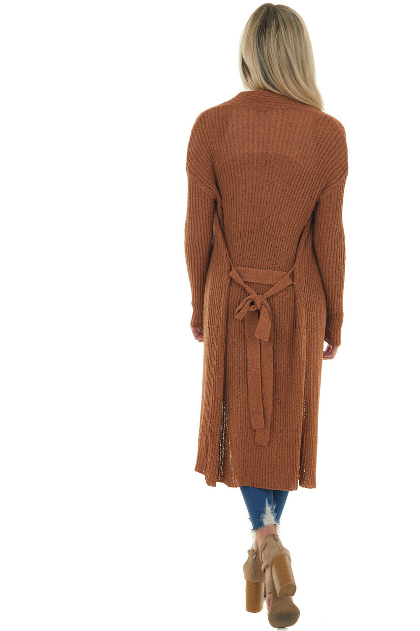 Cognac Open Front Duster Cardigan with Tie