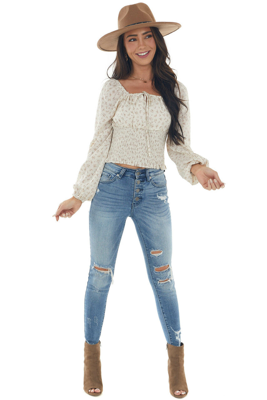 Ivory Floral Smocked Waist Peasant Cropped Top