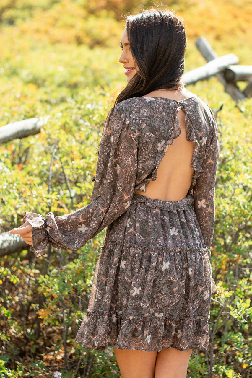 Steel Floral Print Mini Dress with Open Back