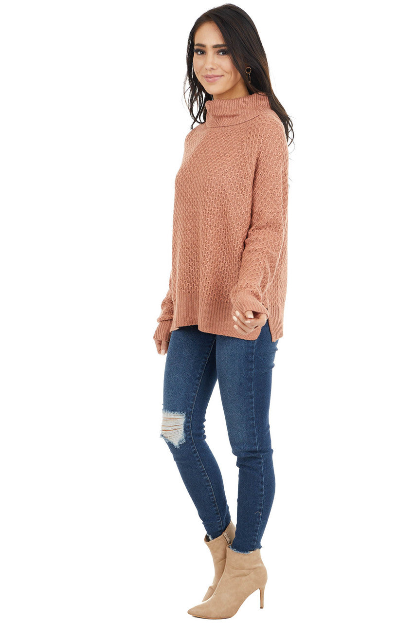 Terracotta Waffle Knit Turtleneck Sweater with Long Sleeves