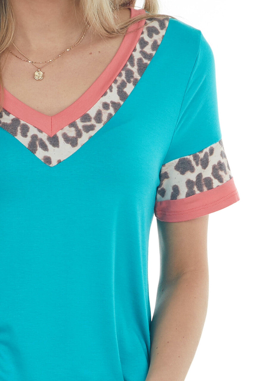 Bright Teal Ringer V Neck Top with Leopard Print Contrast