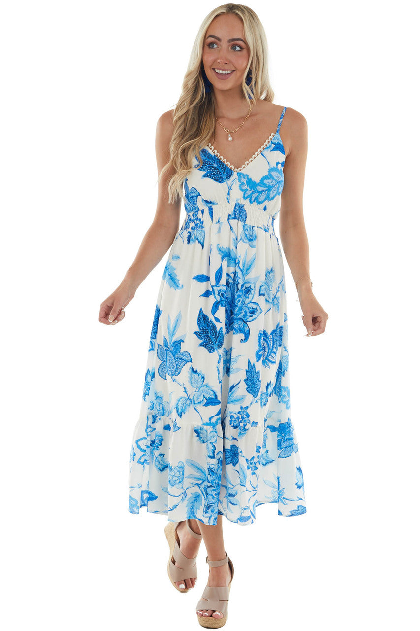 Royal Blue and Ivory Floral Print Midi Dress