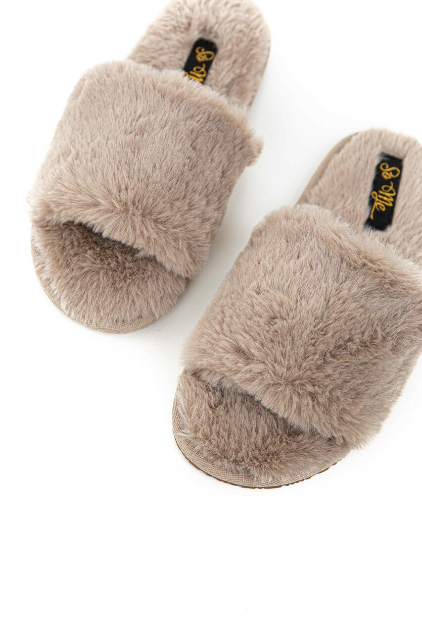 Taupe Fuzzy Faux Fur Slipper with Foam Sole