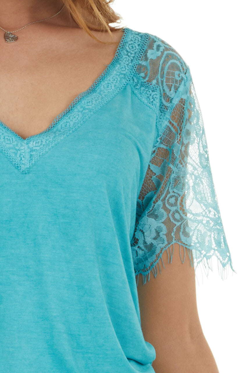 Teal V Neck Short Sleeve Top with Lace Detail