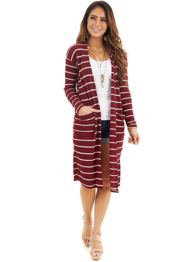 Maroon and Ivory Striped Waffle Knit Cardigan with Pockets front full body