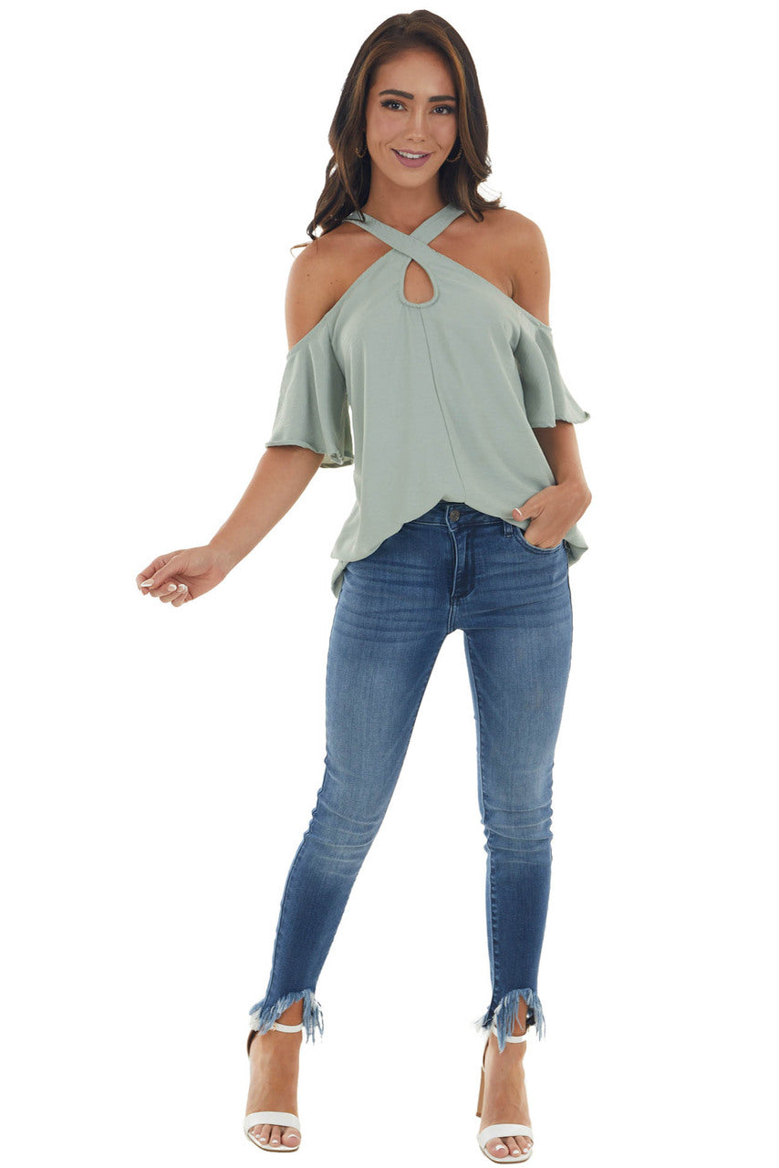 Sage Cold Shoulder Blouse with Criss Cross Halter Neck
