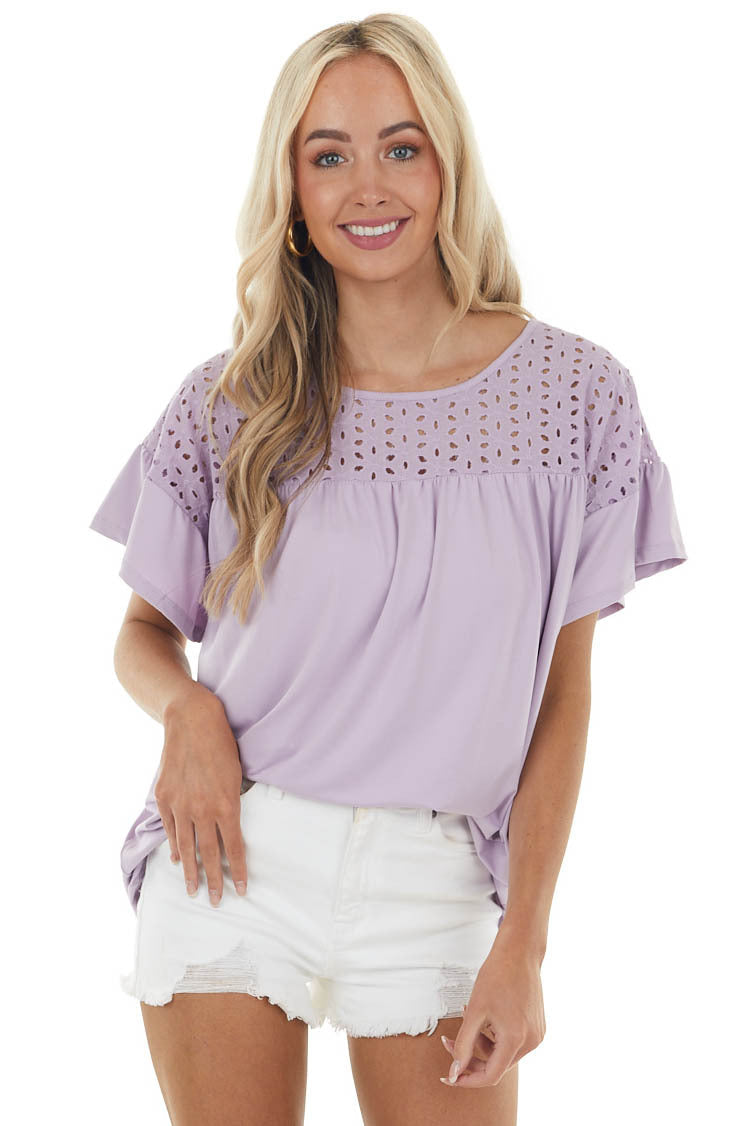 Pastel Lavender Babydoll Knit Top with Eyelet Lace Detail 