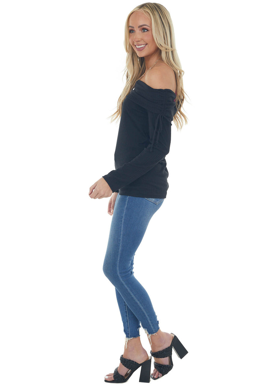 Black Folded Off the Shoulder Ribbed Top