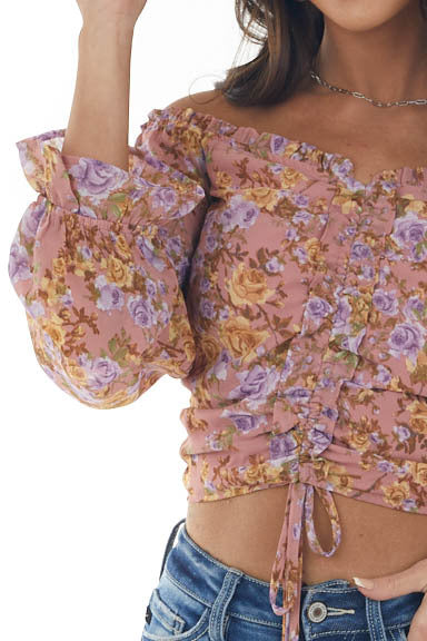 Dusty Rose Floral Print Ruched Front Crop Top