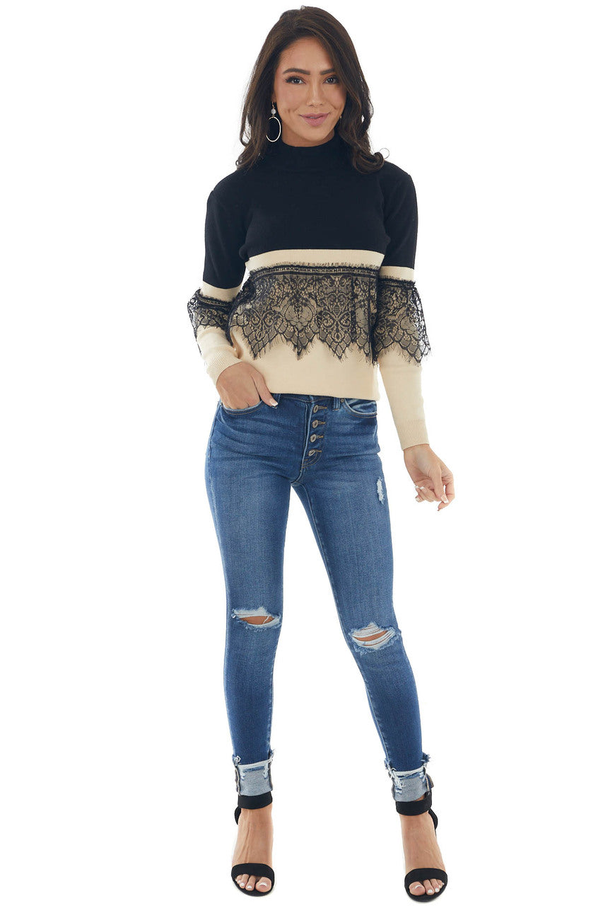Black and Rich Beige Mock Neck Knit Sweater 