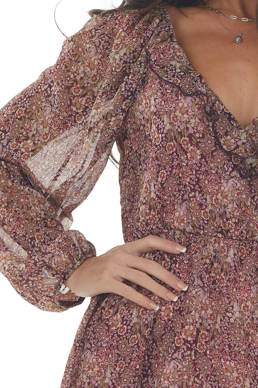 Plum Floral Dress with Metallic Threading