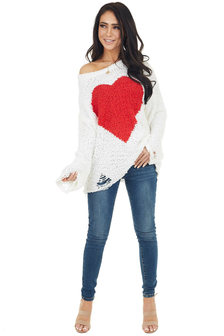 White Long Sleeve Distressed Sweater with Red Heart Detail