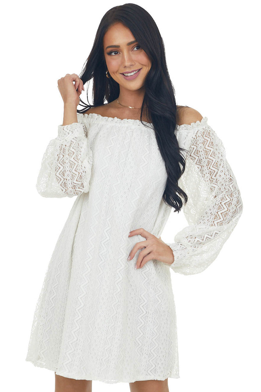 Ivory Off the Shoulder Lace Short Dress