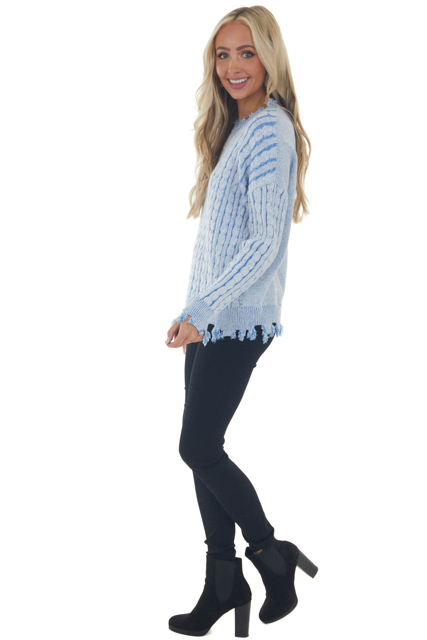 Blue Cable Knit Distressed Trim Sweater
