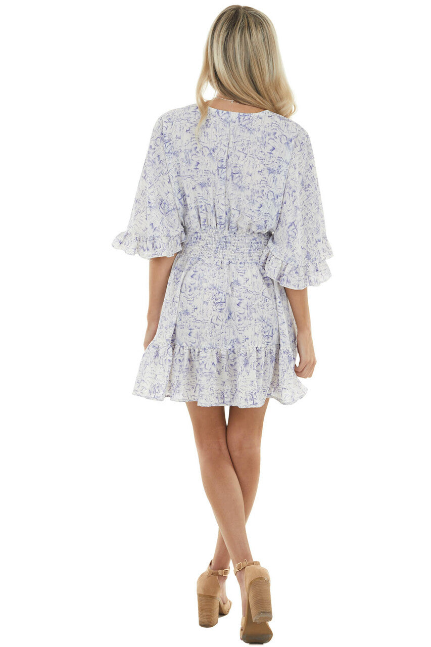 Pearl and Navy Abstract Print Short Woven Dress with Ruffles