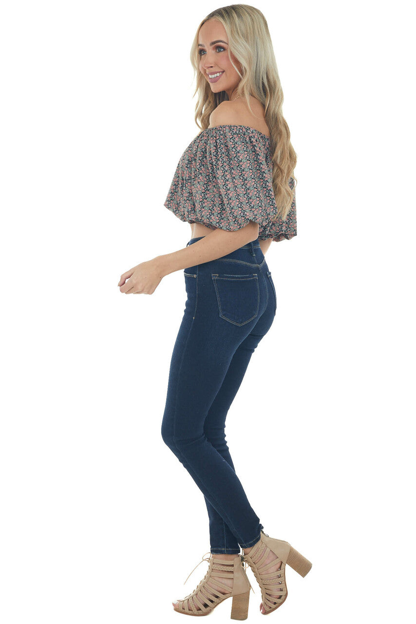 Black Ditsy Floral Print Boat Neck Crop Top