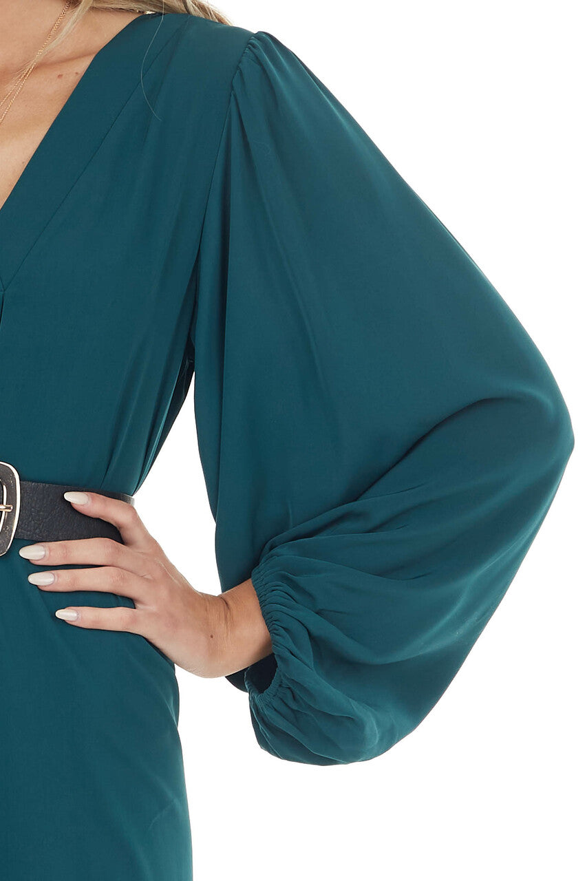 Dark Pine Long Bubble Sleeve V Neck Soft Woven Short Dress