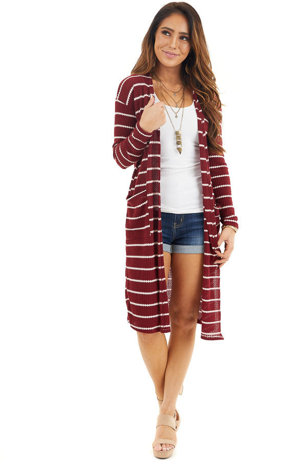 Maroon and Ivory Striped Waffle Knit Cardigan with Pockets front full body