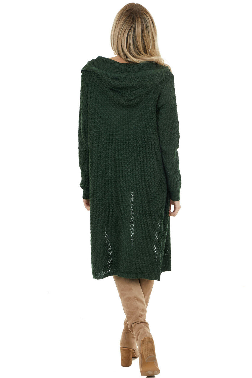 Forest Green Textured Loose Knit Duster Cardigan with Hood