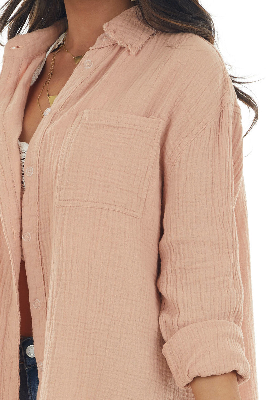 Apricot Button Up Top with Frayed Edges Detail