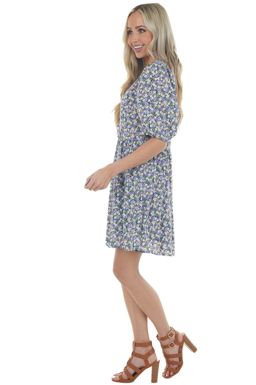 Lavender Floral Print Surplice Dress with Short Sleeves 