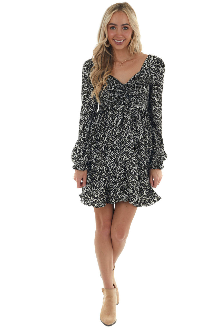 Black Ditsy Leaf Print Long Sleeve Short Dress 
