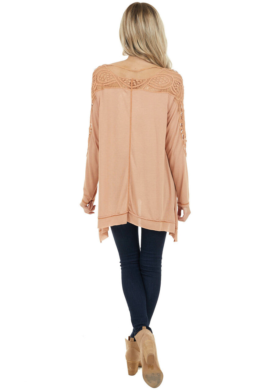 Apricot Long Sleeve Knit Top with Crocheted Neckline