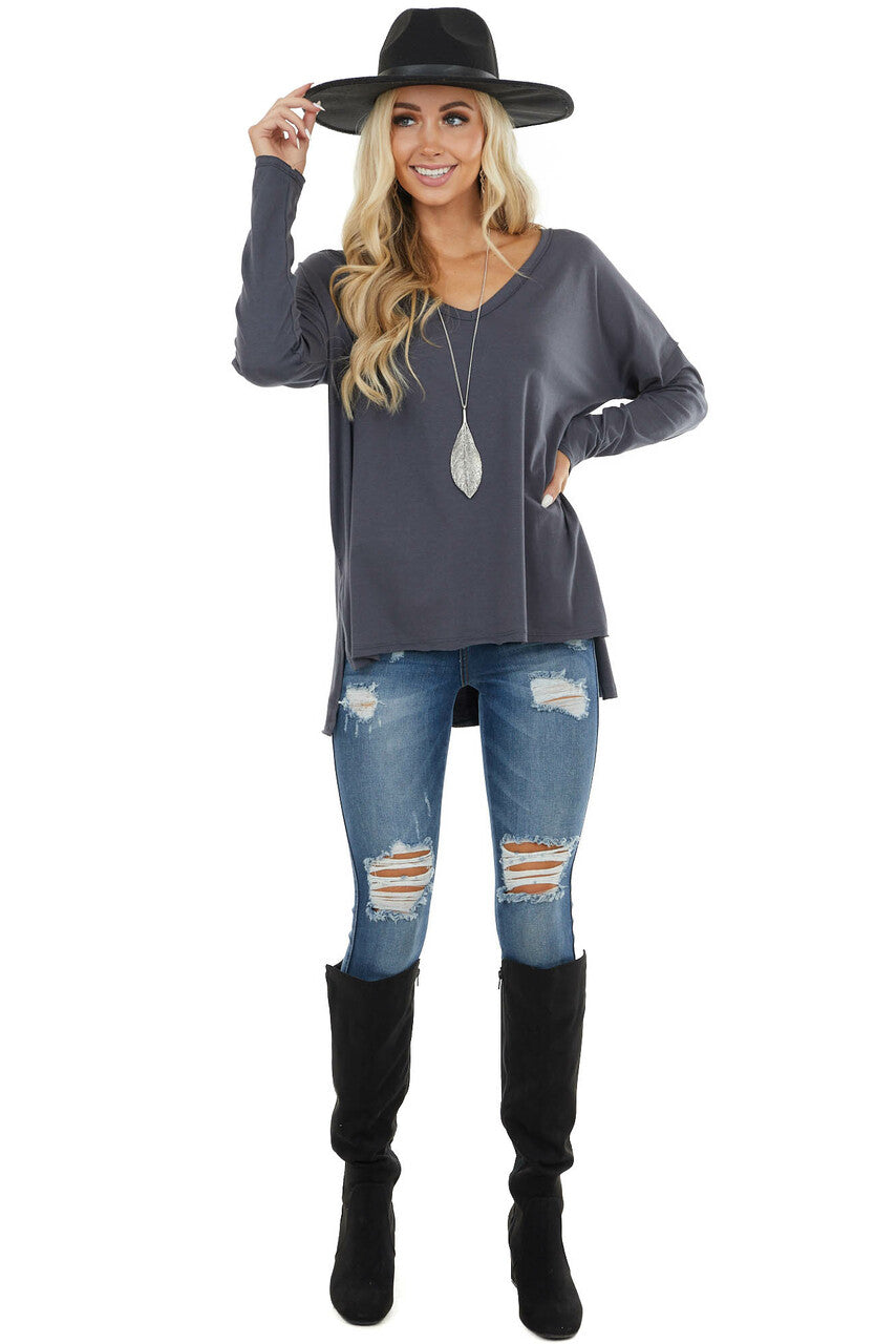 Stormy Grey Long Sleeve Top with Side Slit Detail 