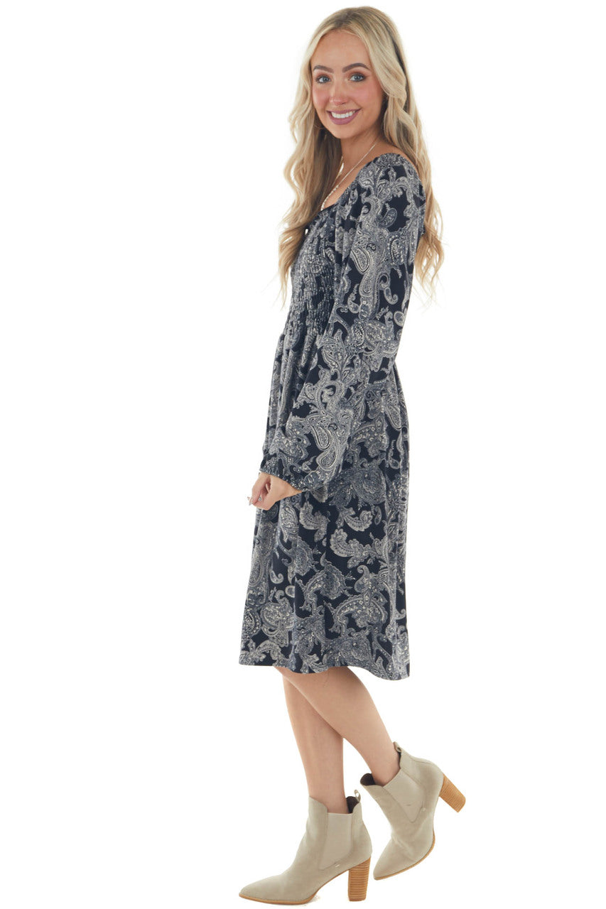 Black Paisley Print Smocked Bodice Midi Dress