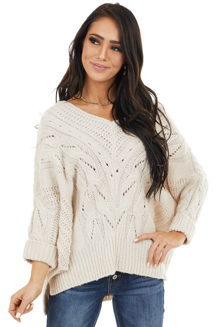 Cream Oversized Cable Knit Sweater with Side Slits