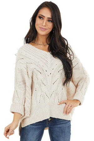 Cream Oversized Cable Knit Sweater with Side Slits