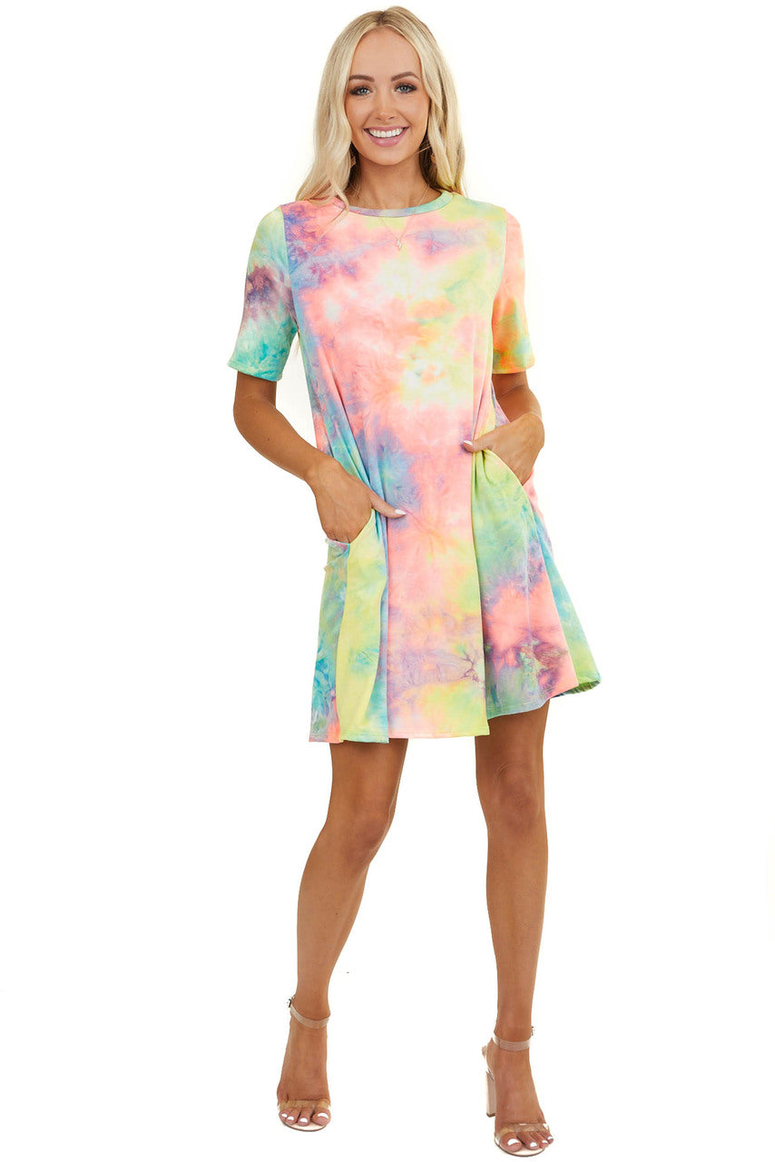 Multicolor Tie Dye Short Sleeve Dress with Side Pockets 