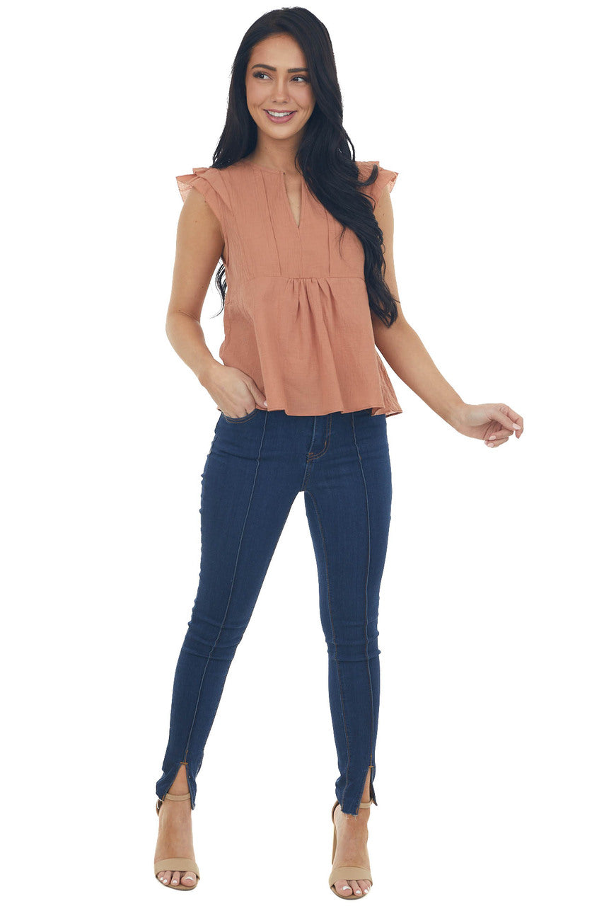 Cognac Cap Sleeve Notch Neckline Top with Pintuck Detail