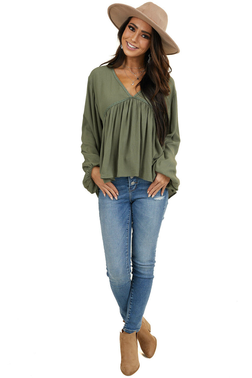 Faded Olive Drop Waist Top with Tied Back and Bubble Sleeves 