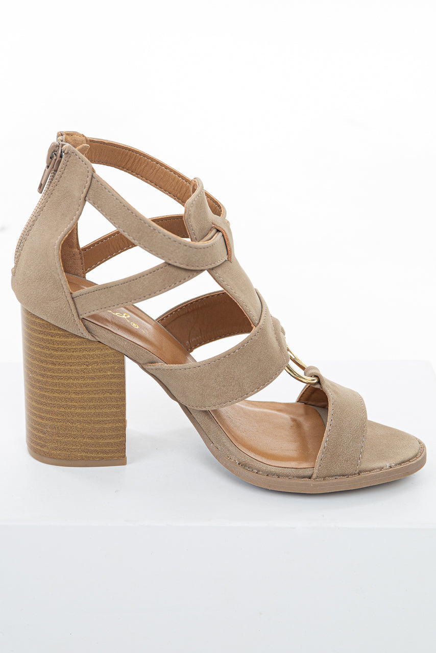 Beige Faux Leather Strappy High Heel with Gold Ring Detail