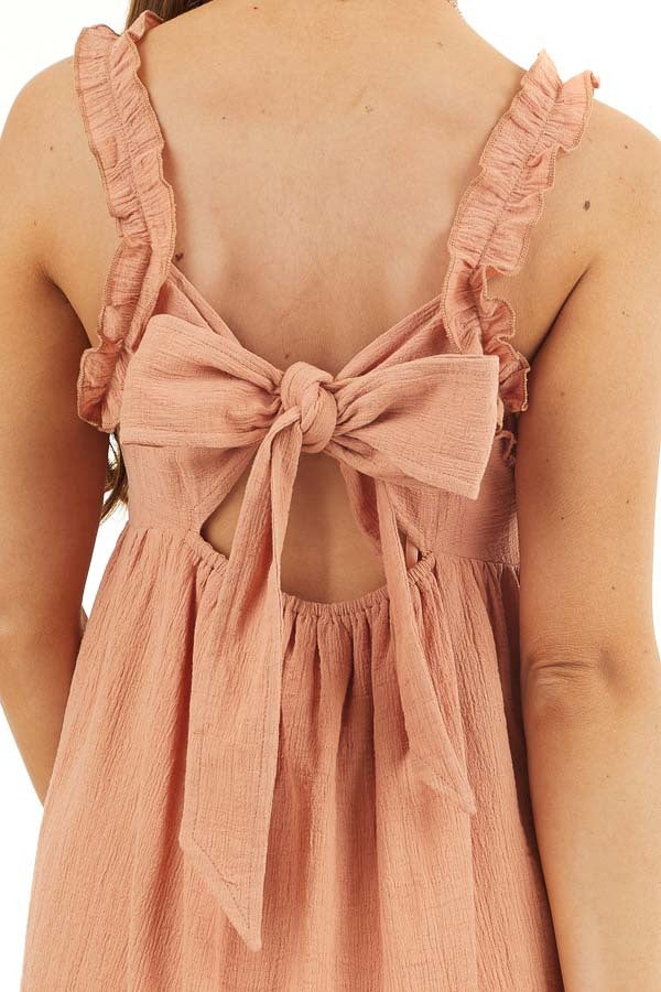 Apricot Sleeveless Woven Mini Dress with Open Tie Back detail