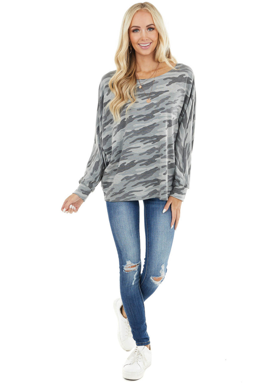 Charcoal Camo Print Long Dolman Sleeve Knit Top 