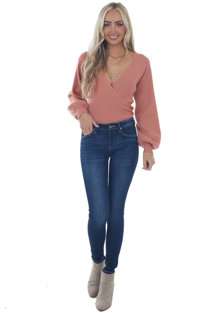 Ginger Ribbed Knit Plunging Surplice Sweater 