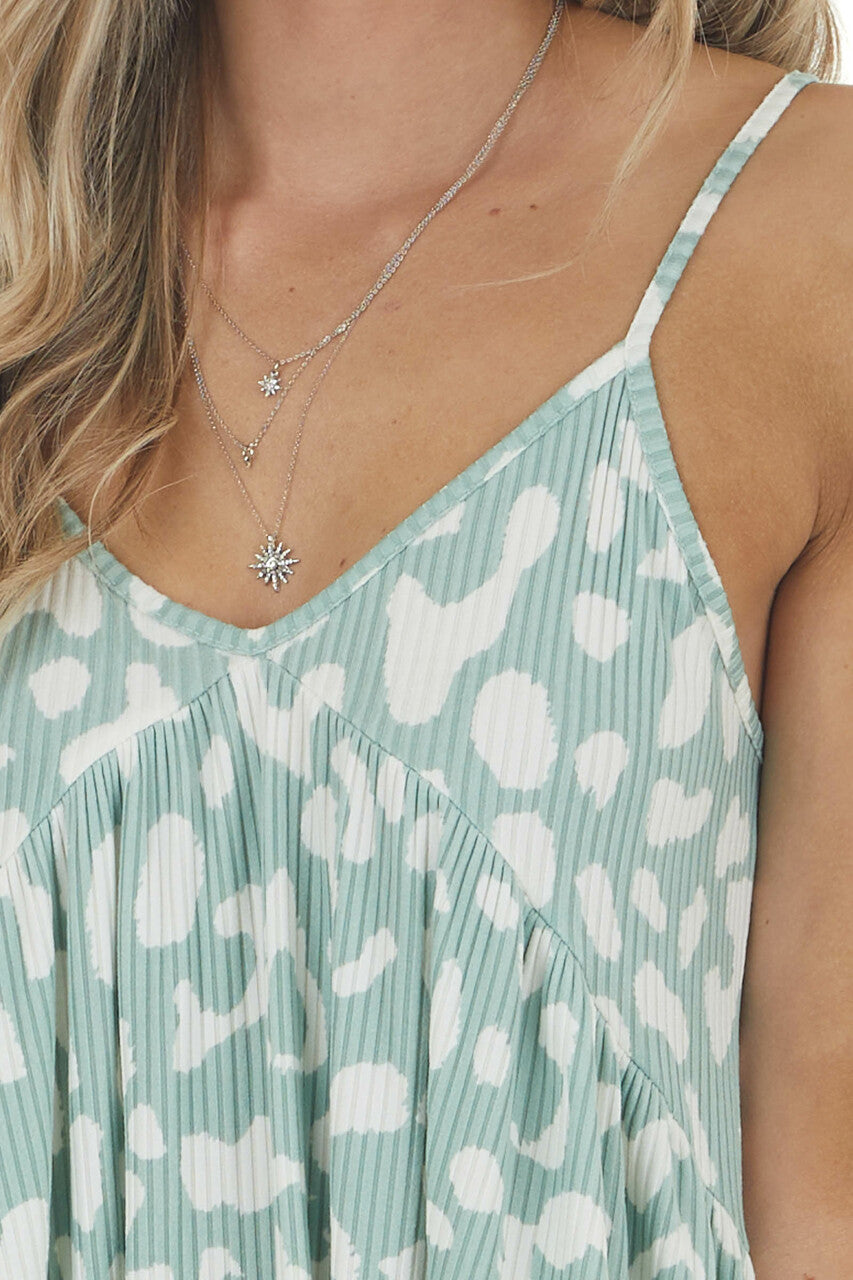 Dark Mint Leopard Print Baby Doll Ribbed Knit Tank Top 
