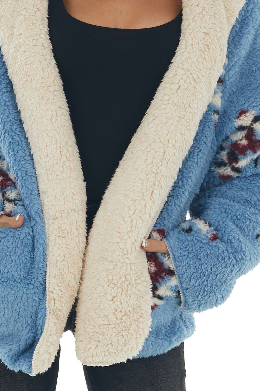 Powder Blue Aztec Reversible Sherpa Jacket 