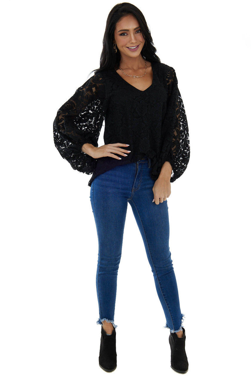 Black Floral Lace Long Bubble Sleeve Blouse