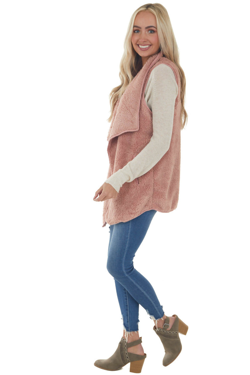 Dusty Punch Fuzzy Open Front Vest with Pockets