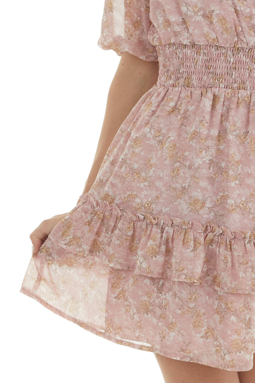 Tea Rose Floral Print Half Sleeve Short Dress