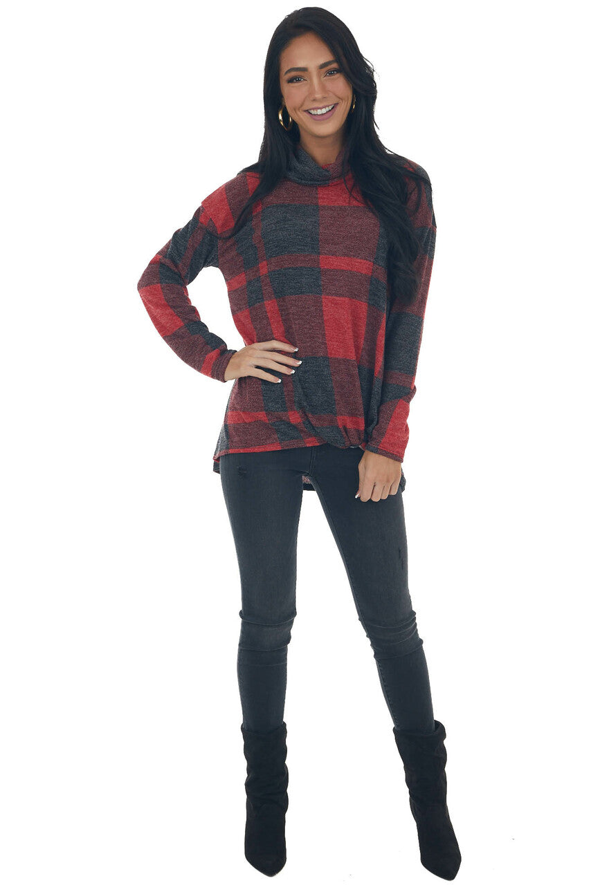 Red Plaid Long Sleeve Turtleneck Top