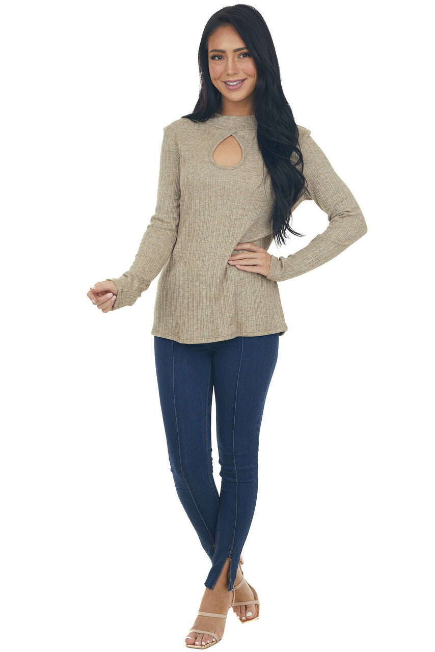 Heathered Latte Mock Neck Long Sleeve Knit Top