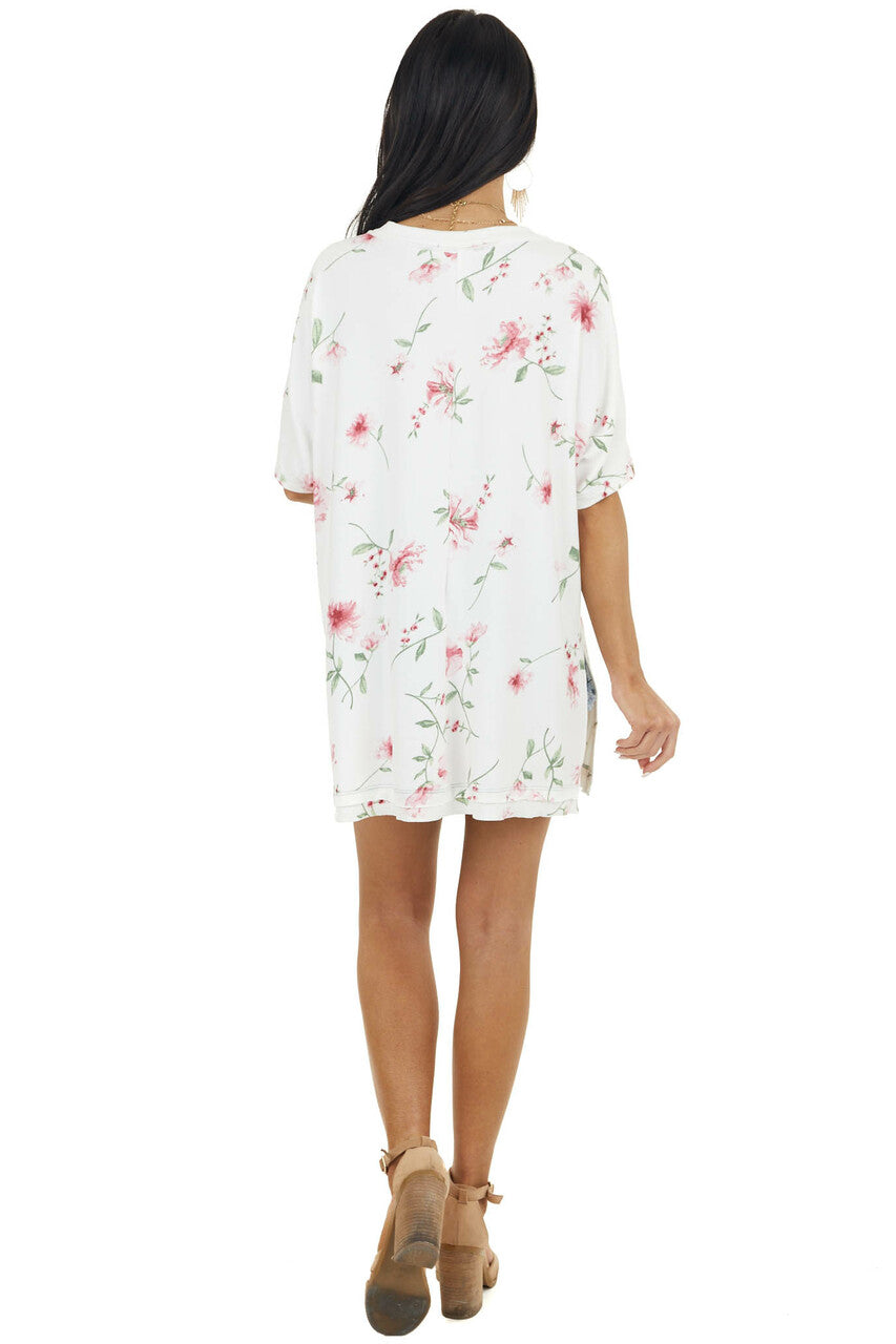 Ivory and Pink Floral Print V Neck Top with Short Sleeves 