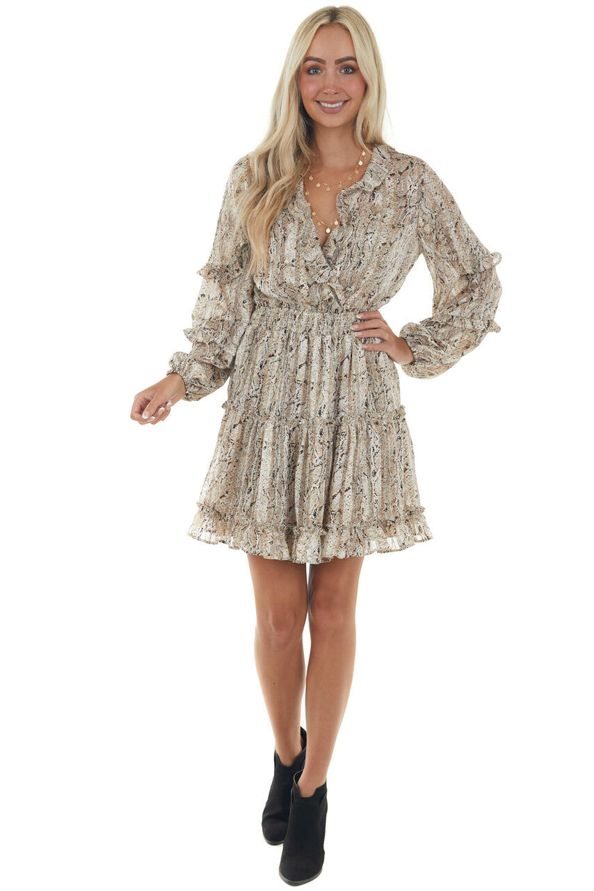 Champagne Snake Print Smocked Waist Mini Dress